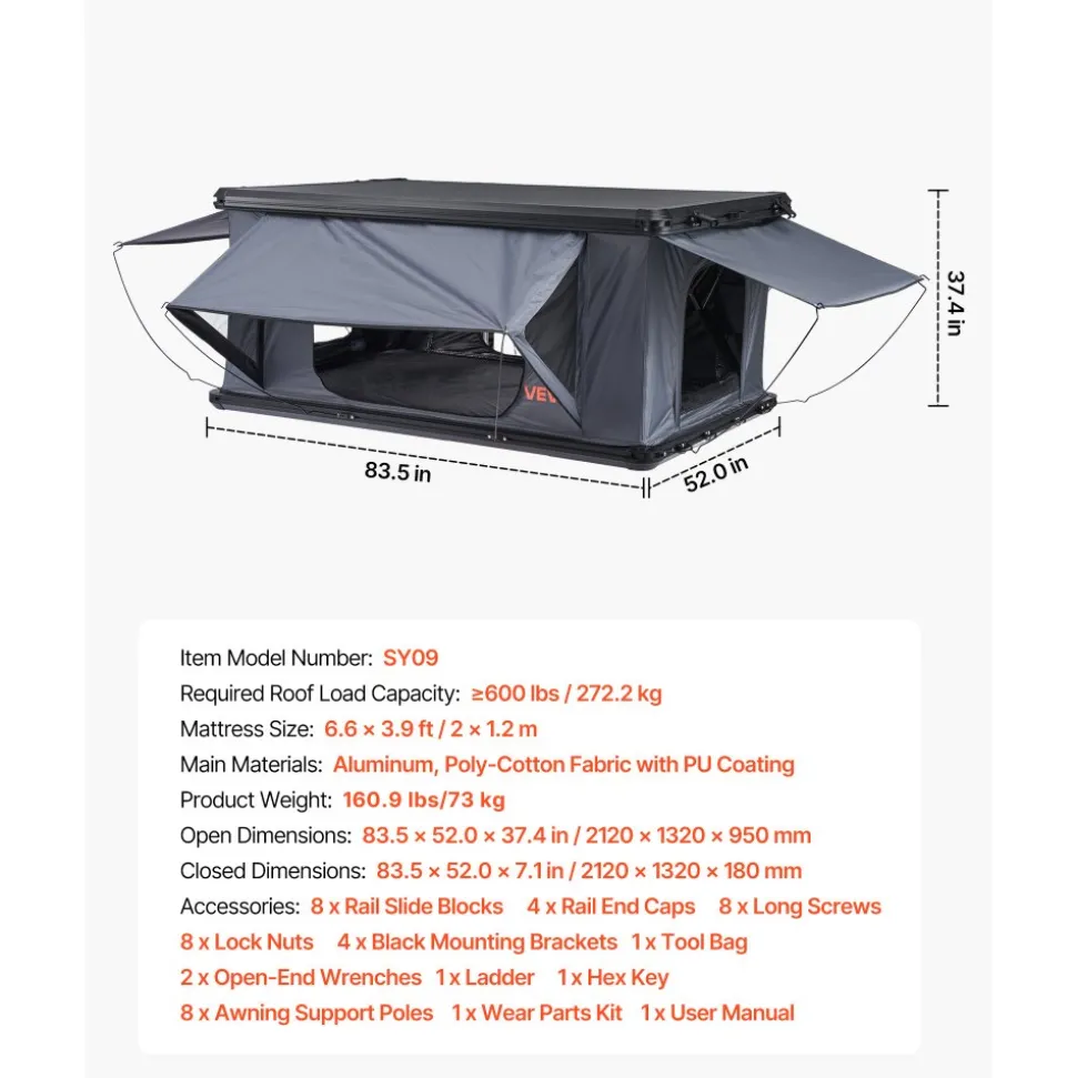 VEVOR Rooftop Tent Hard Shell, 2-3 Person Aluminum Roof Top Tent Hardshell with Tri-Color LED Light, Thick Mattress & 2 Windows, Waterproof Windproof Overland Camping Car Roof Rack for Jeep SUV Pickup