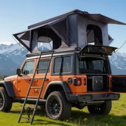 VEVOR Rooftop Tent Hard Shell, 2-3 Person Aluminum Roof Top Tent Hardshell with Tri-Color LED Light, Thick Mattress & 2 Windows, Waterproof Windproof Overland Camping Car Roof Rack for Jeep SUV Pickup