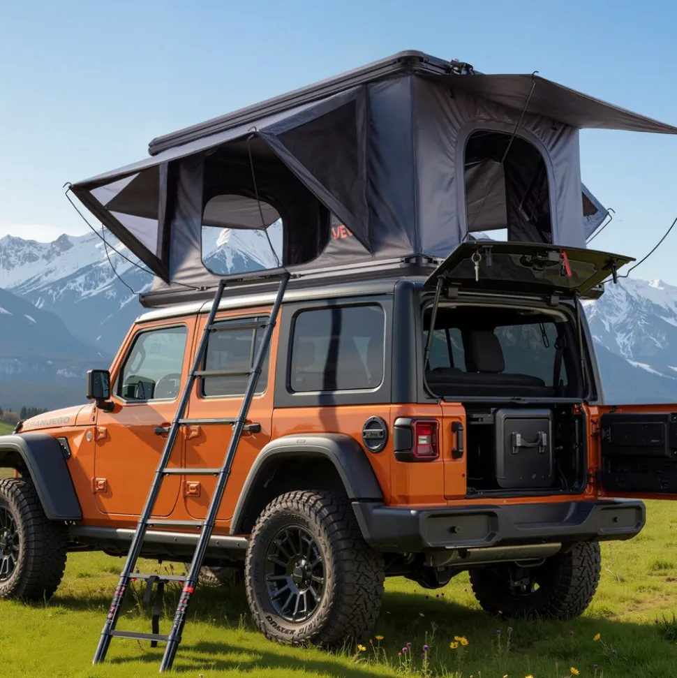 VEVOR Rooftop Tent Hard Shell, 2-3 Person Aluminum Roof Top Tent Hardshell with Tri-Color LED Light, Thick Mattress & 2 Windows, Waterproof Windproof Overland Camping Car Roof Rack for Jeep SUV Pickup