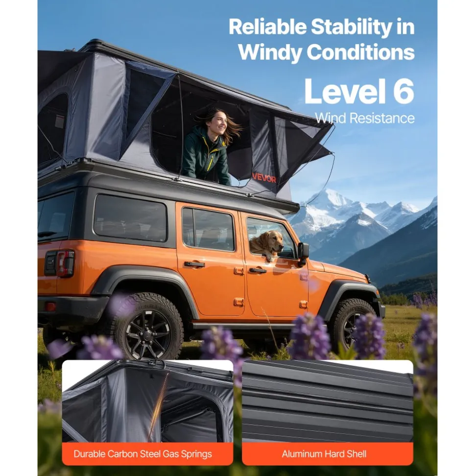 VEVOR Rooftop Tent Hard Shell, 2-3 Person Aluminum Roof Top Tent Hardshell with Tri-Color LED Light, Thick Mattress & 2 Windows, Waterproof Windproof Overland Camping Car Roof Rack for Jeep SUV Pickup