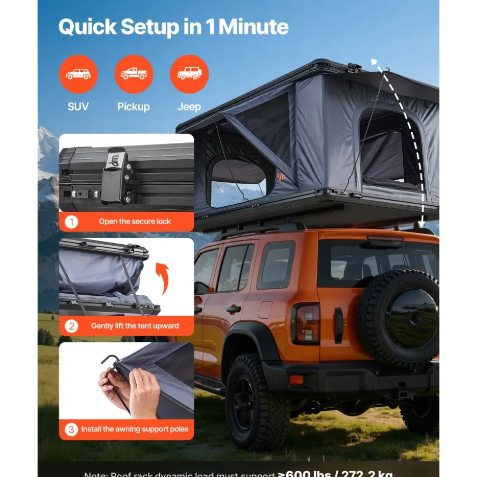 VEVOR Rooftop Tent Hard Shell, 2-3 Person Aluminum Roof Top Tent Hardshell with Tri-Color LED Light, Thick Mattress & 2 Windows, Waterproof Windproof Overland Camping Car Roof Rack for Jeep SUV Pickup