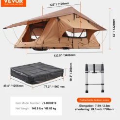 VEVOR Rooftop Tent Hard Shell, Naturnest Rooftop Tent Hardshell for 2-3 Person, Folding Hard Shell Roof Top Tent with Telescopic Ladder Mattress PVC Cover Bag, Waterproof for Jeep SUV Van Pickup Truck