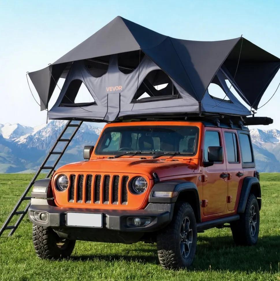 VEVOR Rooftop Tent, 2-3 Person Foldable Aluminum Roof Top Tent with Tri-Color LED Light, Thick Mattress & 10 Windows, Waterproof Windproof Overland Camping Car Roof Rack Suitable for Jeep SUV Pickup