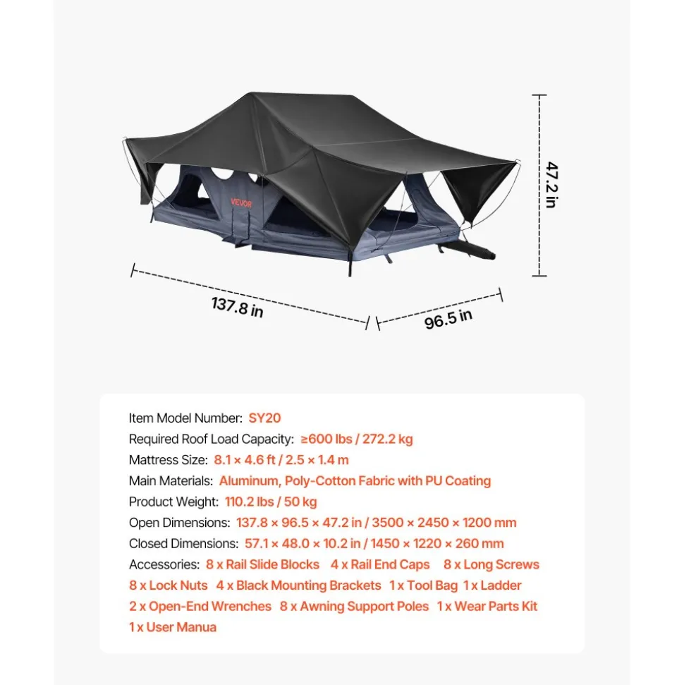 VEVOR Rooftop Tent, 2-3 Person Foldable Aluminum Roof Top Tent with Tri-Color LED Light, Thick Mattress & 10 Windows, Waterproof Windproof Overland Camping Car Roof Rack Suitable for Jeep SUV Pickup