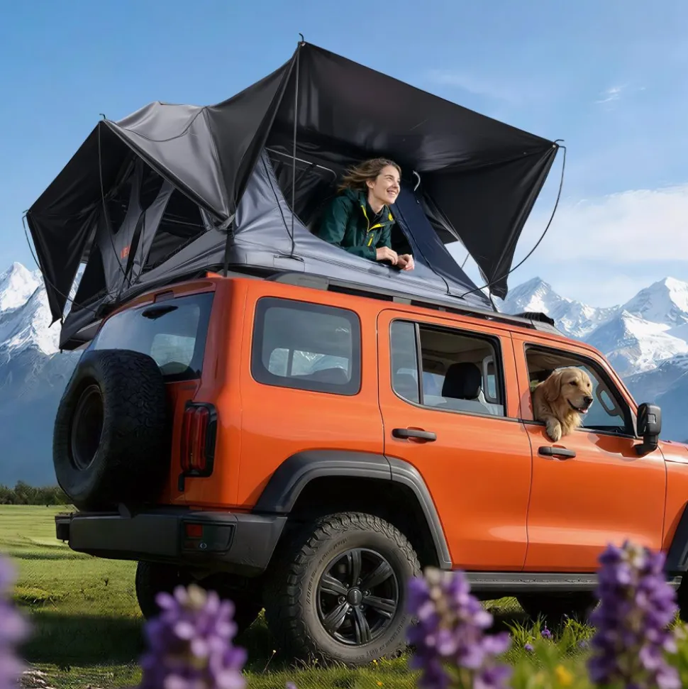 VEVOR Rooftop Tent, 2-3 Person Foldable Aluminum Roof Top Tent with Tri-Color LED Light, Thick Mattress & 10 Windows, Waterproof Windproof Overland Camping Car Roof Rack Suitable for Jeep SUV Pickup