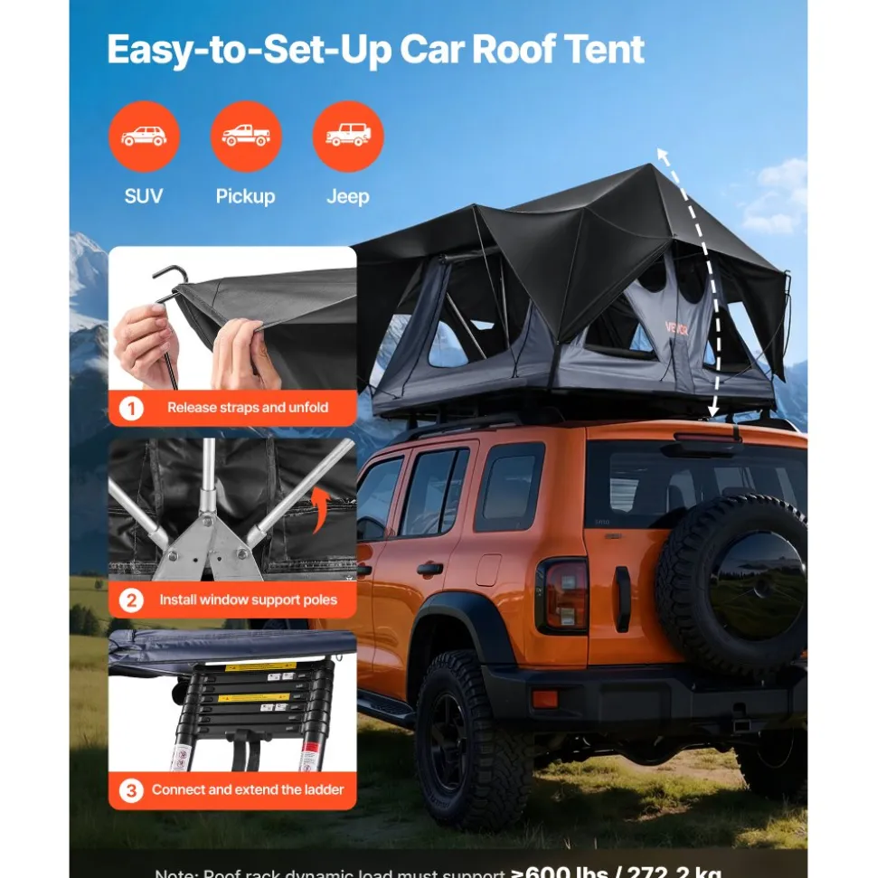VEVOR Rooftop Tent, 2-3 Person Foldable Aluminum Roof Top Tent with Tri-Color LED Light, Thick Mattress & 10 Windows, Waterproof Windproof Overland Camping Car Roof Rack Suitable for Jeep SUV Pickup