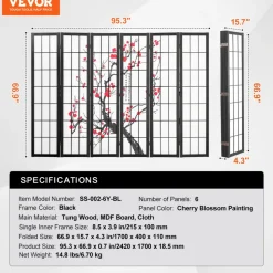 VEVOR Room Divider, 6 Panel Japanese Room Divider Screen, Wood Folding Privacy Screen Indoor, Japanese Partition Portable Decoration Dividers, for Room Separation Home Office Restaurant & Bedroom