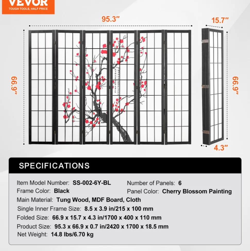 VEVOR Room Divider, 6 Panel Japanese Room Divider Screen, Wood Folding Privacy Screen Indoor, Japanese Partition Portable Decoration Dividers, for Room Separation Home Office Restaurant & Bedroom
