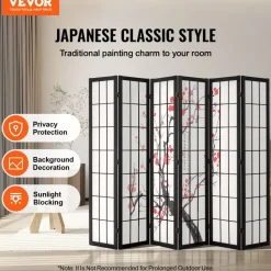 VEVOR Room Divider, 6 Panel Japanese Room Divider Screen, Wood Folding Privacy Screen Indoor, Japanese Partition Portable Decoration Dividers, for Room Separation Home Office Restaurant & Bedroom