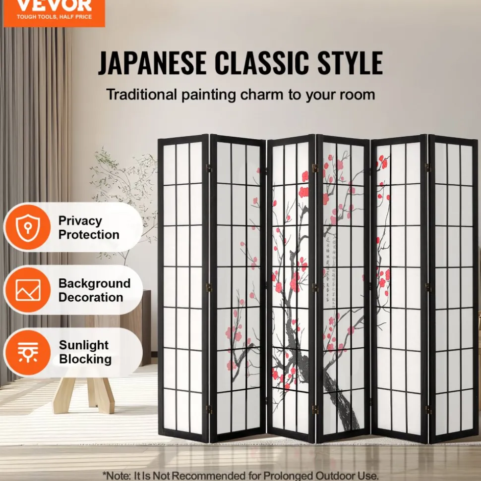 VEVOR Room Divider, 6 Panel Japanese Room Divider Screen, Wood Folding Privacy Screen Indoor, Japanese Partition Portable Decoration Dividers, for Room Separation Home Office Restaurant & Bedroom