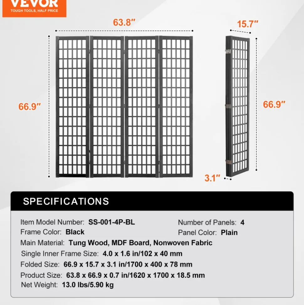 VEVOR Room Divider, 4 Panel Japanese Room Divider, Wood Folding Privacy Screen Indoor, Japanese Partition Dividers Portable Decoration Screens, for Room Separation Home Office Restaurant & Bedroom