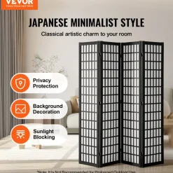 VEVOR Room Divider, 4 Panel Japanese Room Divider, Wood Folding Privacy Screen Indoor, Japanese Partition Dividers Portable Decoration Screens, for Room Separation Home Office Restaurant & Bedroom
