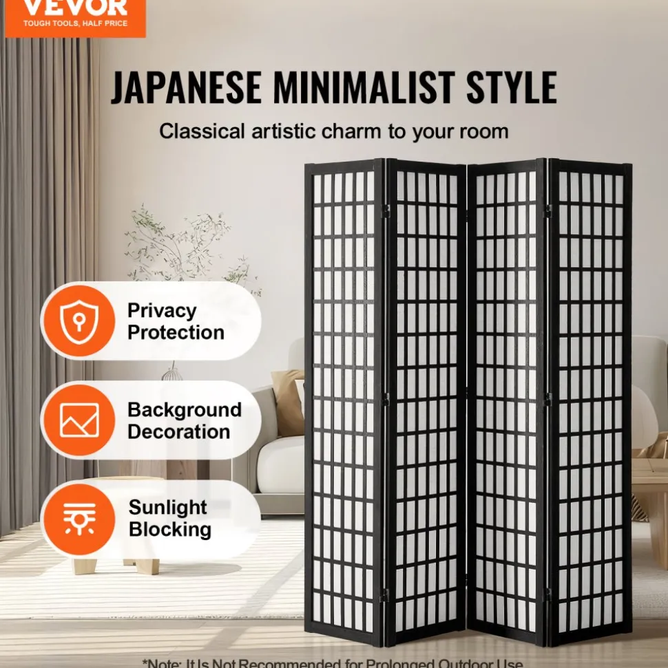 VEVOR Room Divider, 4 Panel Japanese Room Divider, Wood Folding Privacy Screen Indoor, Japanese Partition Dividers Portable Decoration Screens, for Room Separation Home Office Restaurant & Bedroom