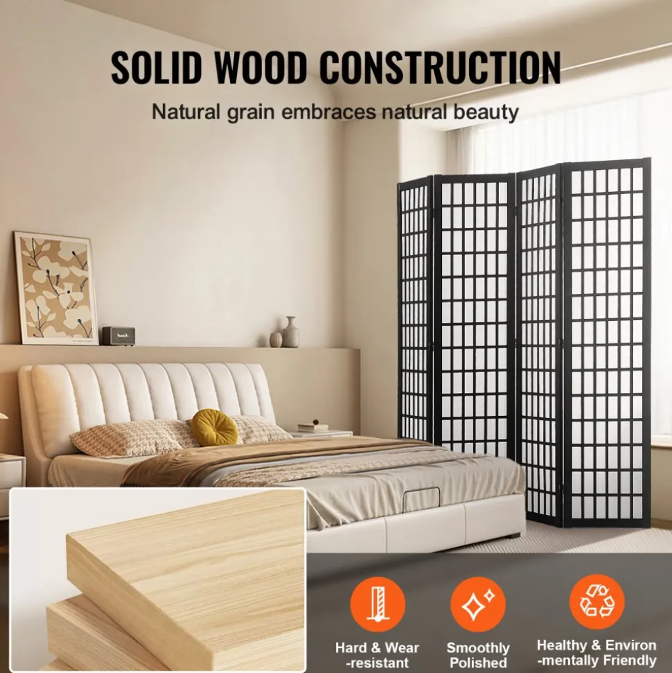 VEVOR Room Divider, 4 Panel Japanese Room Divider, Wood Folding Privacy Screen Indoor, Japanese Partition Dividers Portable Decoration Screens, for Room Separation Home Office Restaurant & Bedroom