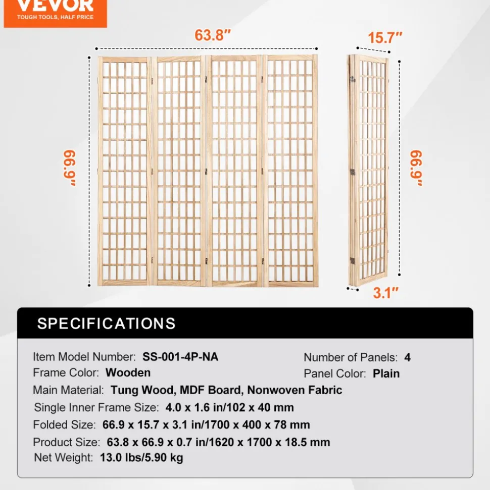 VEVOR Room Divider, 4 Panel Japanese Room Divider, Folding Privacy Screen Indoor, Portable Partition Dividers and Decoration Screens, for Room Separation, Home, Office, Restaurant & Bedroom (Natural)