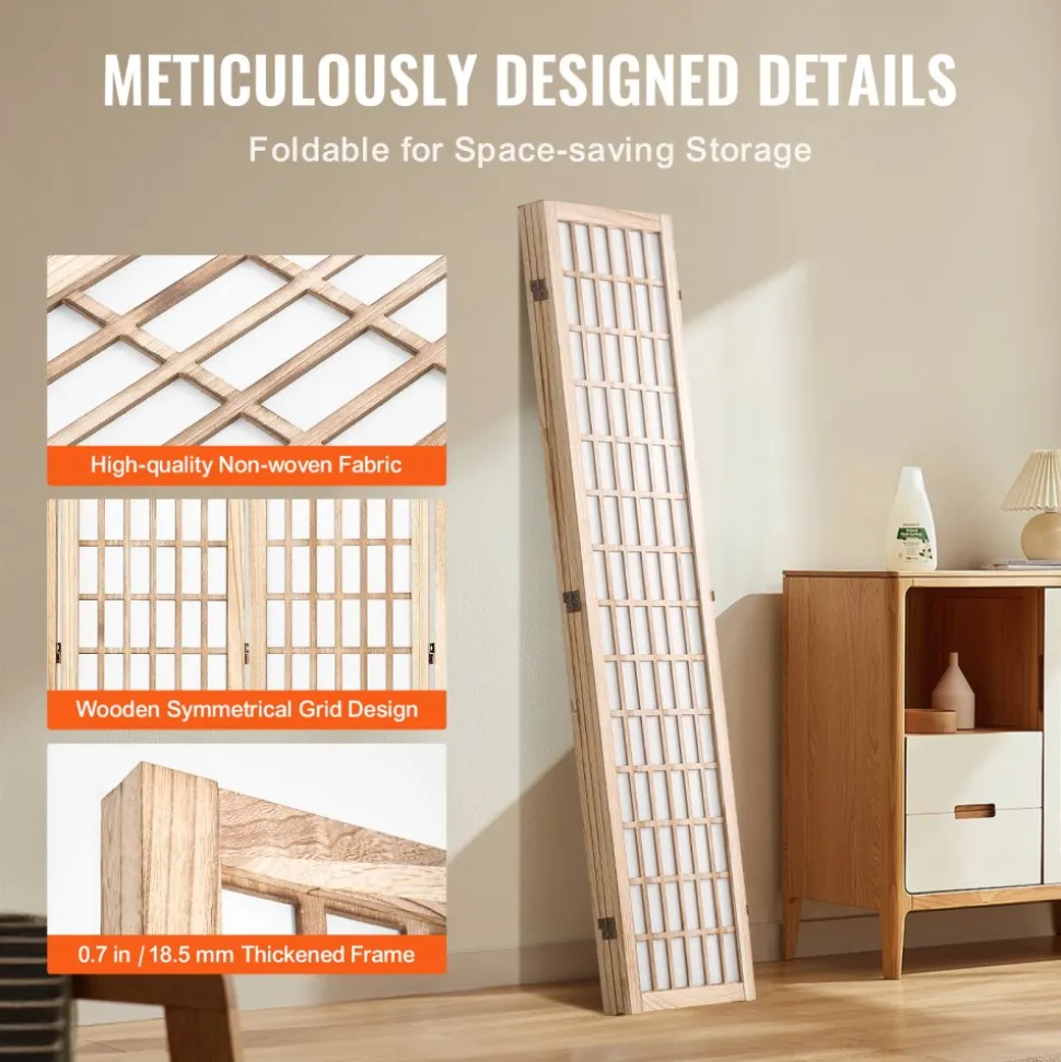 VEVOR Room Divider, 4 Panel Japanese Room Divider, Folding Privacy Screen Indoor, Portable Partition Dividers and Decoration Screens, for Room Separation, Home, Office, Restaurant & Bedroom (Natural)