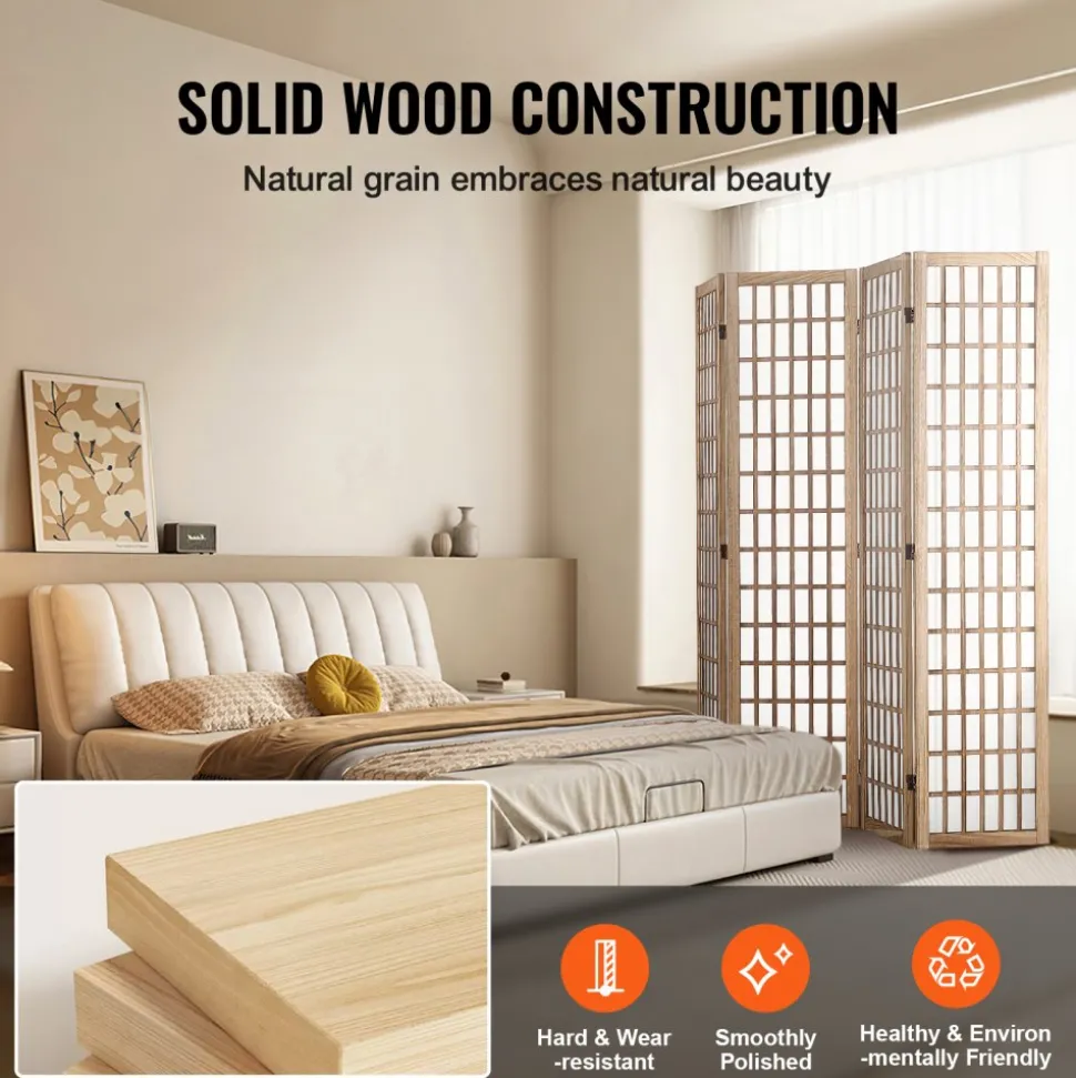VEVOR Room Divider, 4 Panel Japanese Room Divider, Folding Privacy Screen Indoor, Portable Partition Dividers and Decoration Screens, for Room Separation, Home, Office, Restaurant & Bedroom (Natural)