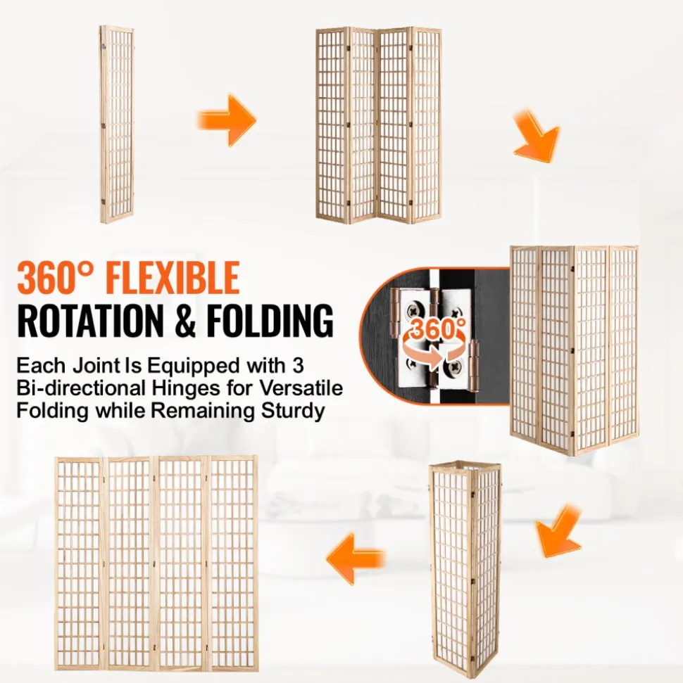 VEVOR Room Divider, 4 Panel Japanese Room Divider, Folding Privacy Screen Indoor, Portable Partition Dividers and Decoration Screens, for Room Separation, Home, Office, Restaurant & Bedroom (Natural)
