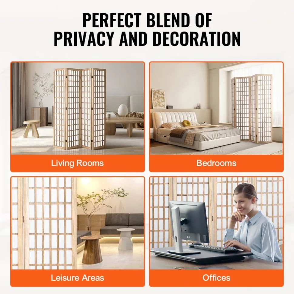 VEVOR Room Divider, 4 Panel Japanese Room Divider, Folding Privacy Screen Indoor, Portable Partition Dividers and Decoration Screens, for Room Separation, Home, Office, Restaurant & Bedroom (Natural)