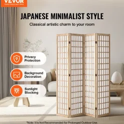 VEVOR Room Divider, 4 Panel Japanese Room Divider, Folding Privacy Screen Indoor, Portable Partition Dividers and Decoration Screens, for Room Separation, Home, Office, Restaurant & Bedroom (Natural)