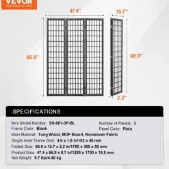 VEVOR Room Divider, 4 Panel Japanese Room Divider Screen, Wood Folding Privacy Screen Indoor, Japanese Partition Portable Decoration Dividers, for Room Separation Home Office Restaurant & Bedroom