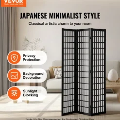 VEVOR Room Divider, 4 Panel Japanese Room Divider Screen, Wood Folding Privacy Screen Indoor, Japanese Partition Portable Decoration Dividers, for Room Separation Home Office Restaurant & Bedroom