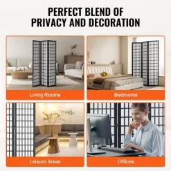 VEVOR Room Divider, 4 Panel Japanese Room Divider Screen, Wood Folding Privacy Screen Indoor, Japanese Partition Portable Decoration Dividers, for Room Separation Home Office Restaurant & Bedroom