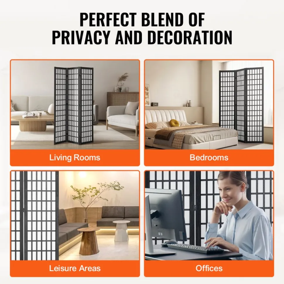 VEVOR Room Divider, 4 Panel Japanese Room Divider Screen, Wood Folding Privacy Screen Indoor, Japanese Partition Portable Decoration Dividers, for Room Separation Home Office Restaurant & Bedroom