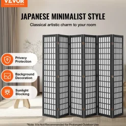 VEVOR Room Divider, 6 Panel Japanese Room Divider, Folding Privacy Screen Indoor, Portable Partition Dividers and Decoration Screens, for Room Separation, Home, Office, Restaurant & Bedroom (Black)