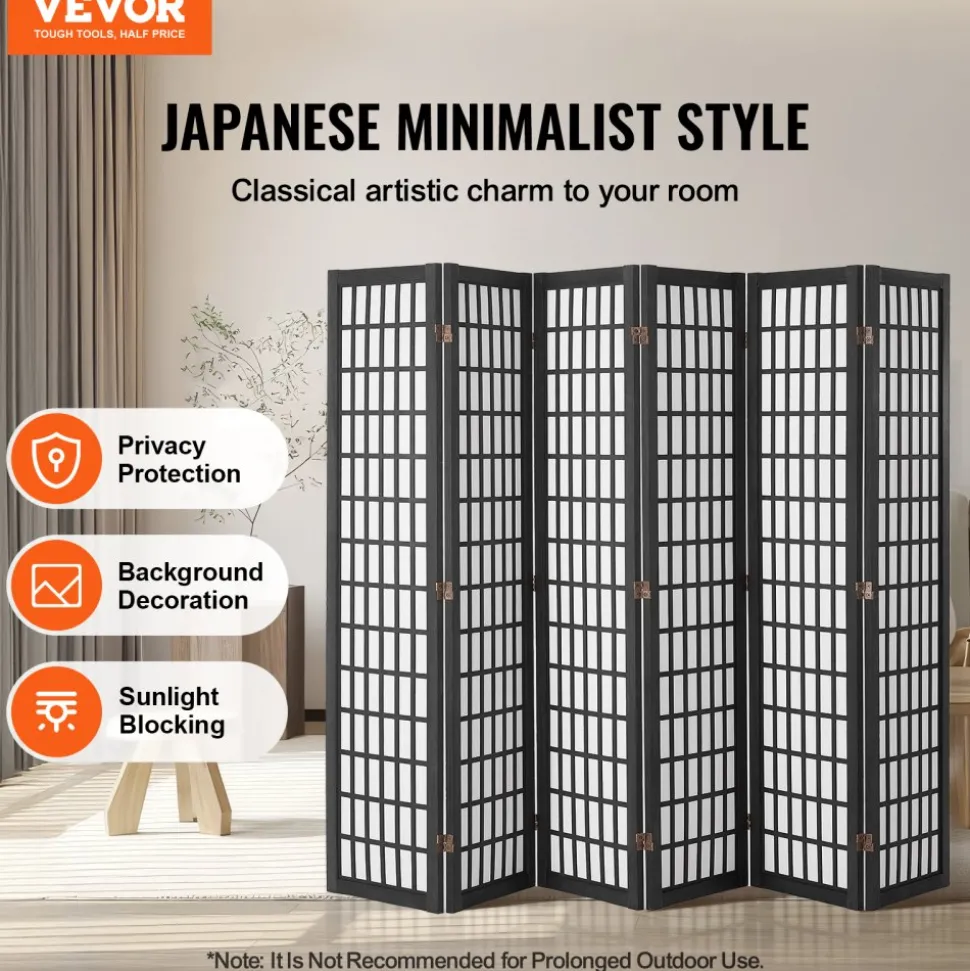 VEVOR Room Divider, 6 Panel Japanese Room Divider, Folding Privacy Screen Indoor, Portable Partition Dividers and Decoration Screens, for Room Separation, Home, Office, Restaurant & Bedroom (Black)