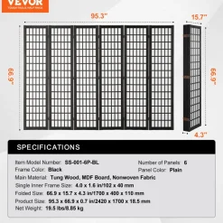 VEVOR Room Divider, 6 Panel Japanese Room Divider, Folding Privacy Screen Indoor, Portable Partition Dividers and Decoration Screens, for Room Separation, Home, Office, Restaurant & Bedroom (Black)