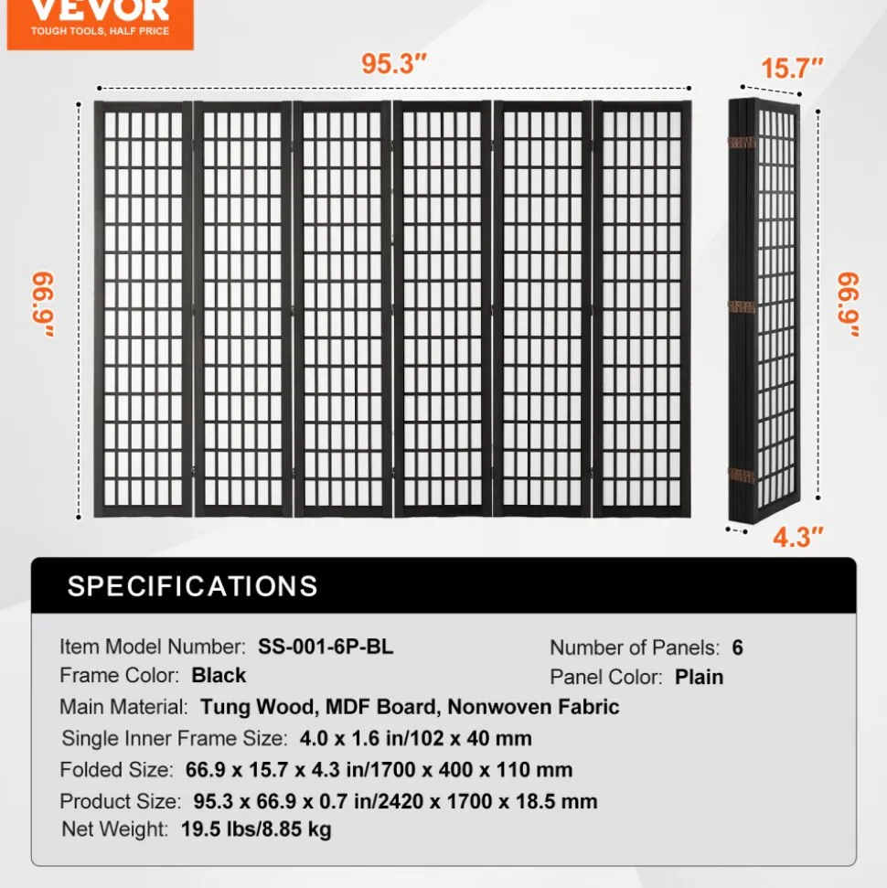 VEVOR Room Divider, 6 Panel Japanese Room Divider, Folding Privacy Screen Indoor, Portable Partition Dividers and Decoration Screens, for Room Separation, Home, Office, Restaurant & Bedroom (Black)