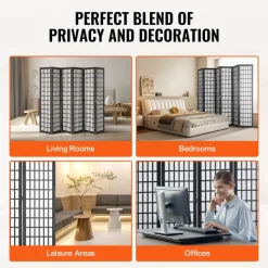 VEVOR Room Divider, 6 Panel Japanese Room Divider, Folding Privacy Screen Indoor, Portable Partition Dividers and Decoration Screens, for Room Separation, Home, Office, Restaurant & Bedroom (Black)