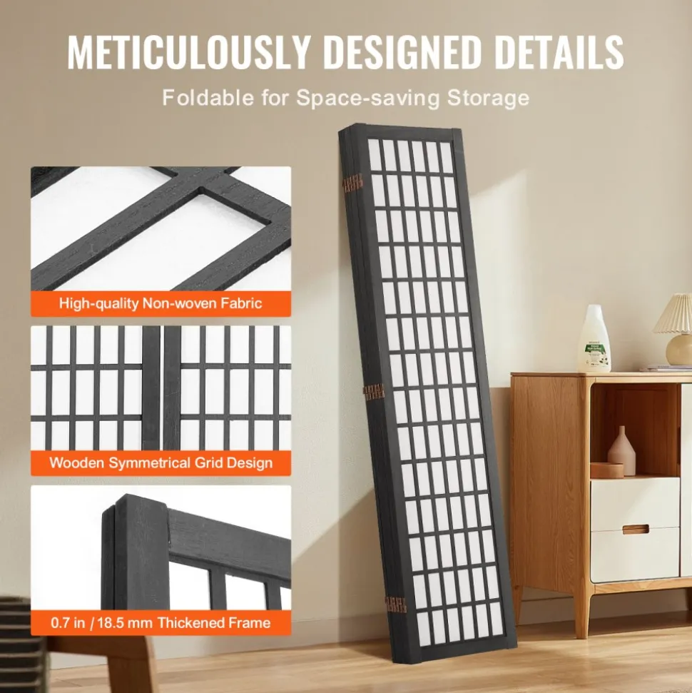 VEVOR Room Divider, 6 Panel Japanese Room Divider, Folding Privacy Screen Indoor, Portable Partition Dividers and Decoration Screens, for Room Separation, Home, Office, Restaurant & Bedroom (Black)
