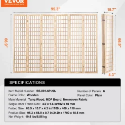 VEVOR Room Divider, 6 Panel Japanese Room Divider, Wood Folding Privacy Screen Indoor, Japanese Partition Dividers Portable Decoration Screens, for Room Separation Home Office Restaurant & Bedroom