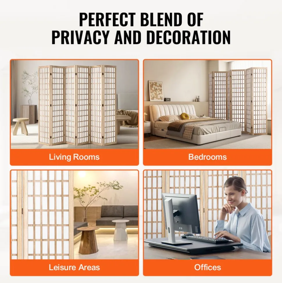 VEVOR Room Divider, 6 Panel Japanese Room Divider, Wood Folding Privacy Screen Indoor, Japanese Partition Dividers Portable Decoration Screens, for Room Separation Home Office Restaurant & Bedroom