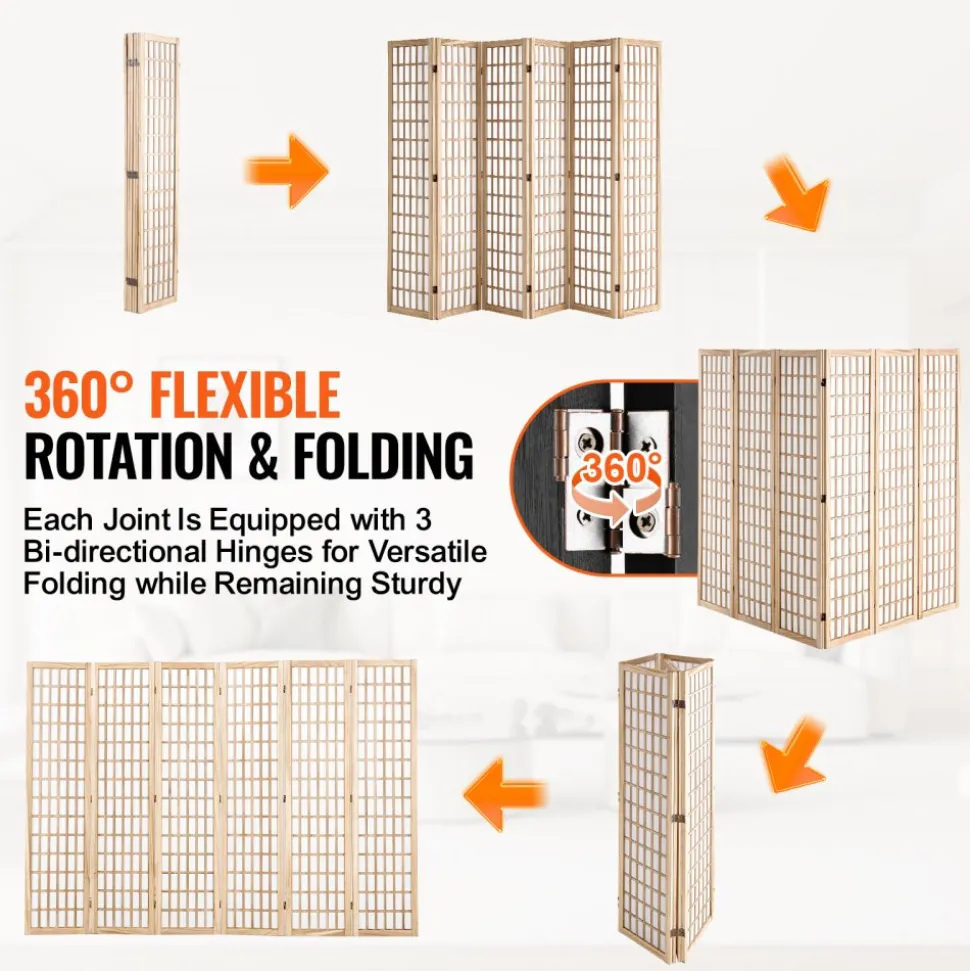 VEVOR Room Divider, 6 Panel Japanese Room Divider, Wood Folding Privacy Screen Indoor, Japanese Partition Dividers Portable Decoration Screens, for Room Separation Home Office Restaurant & Bedroom