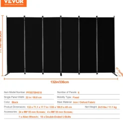 VEVOR Room Divider, 6 Panel Room Divider, Folding Privacy Screen and Portable Partition Divider for Room Separation, Freestanding Room Partitions for Office, Bedroom, Study, Black