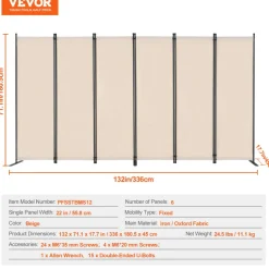 VEVOR Room Divider, 6 Panel Room Divider, Folding Privacy Screen and Portable Partition Divider for Room Separation, Freestanding Room Partitions for Office, Bedroom, Study, Beige