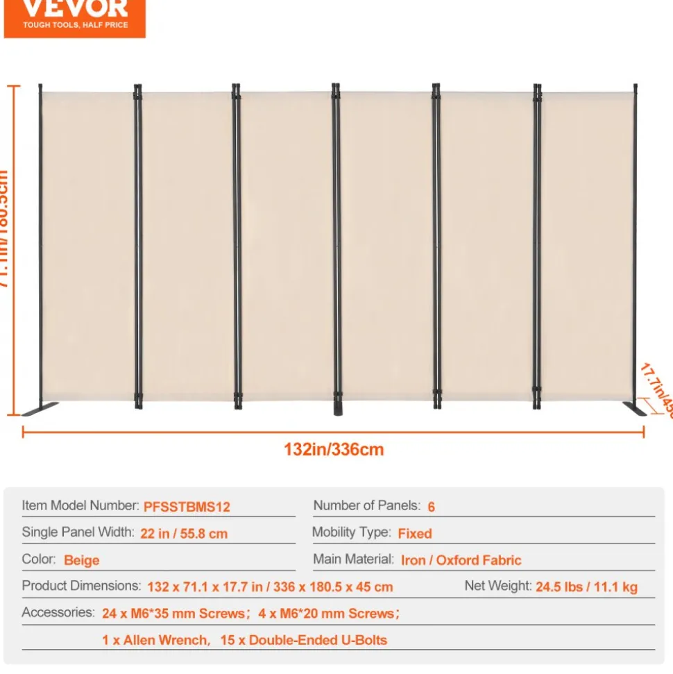 VEVOR Room Divider, 6 Panel Room Divider, Folding Privacy Screen and Portable Partition Divider for Room Separation, Freestanding Room Partitions for Office, Bedroom, Study, Beige