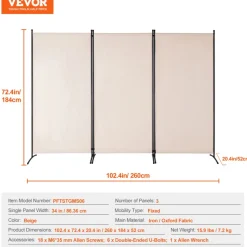 VEVOR Room Divider, 3 Panel Room Divider, Folding Privacy Screen and Portable Partition Divider for Room Separation, Freestanding Room Partitions for Office, Bedroom, Study, Beige