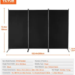 VEVOR Room Divider, 3 Panel Room Divider, Folding Privacy Screen and Portable Partition Divider for Room Separation, Freestanding Room Partitions for Office, Bedroom, Study, Black