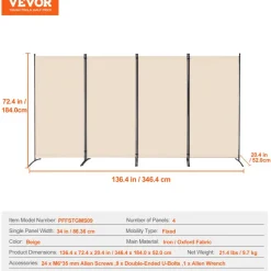 VEVOR Room Divider, 4 Panel Room Divider, Folding Privacy Screen and Portable Partition Divider for Room Separation, Freestanding Room Partitions for Office, Bedroom, Study, Beige