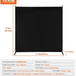 VEVOR Room Divider, Single Panel Room Divider, 6FT Privacy Screen Indoor, Partition Divider for Room Separation, Freestanding Room Divider Panel for Office, Bedroom, Black