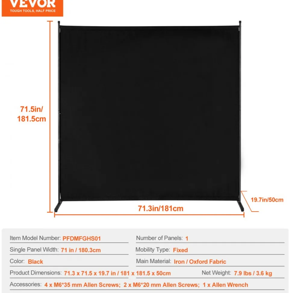 VEVOR Room Divider, Single Panel Room Divider, 6FT Privacy Screen Indoor, Partition Divider for Room Separation, Freestanding Room Divider Panel for Office, Bedroom, Black