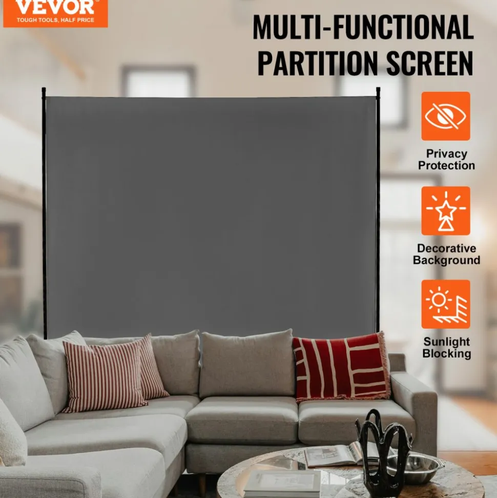 VEVOR Room Divider, Single Panel Room Divider, 6FT Privacy Screen Indoor, Partition Divider for Room Separation, Freestanding Room Divider Panel for Office, Bedroom, Grey