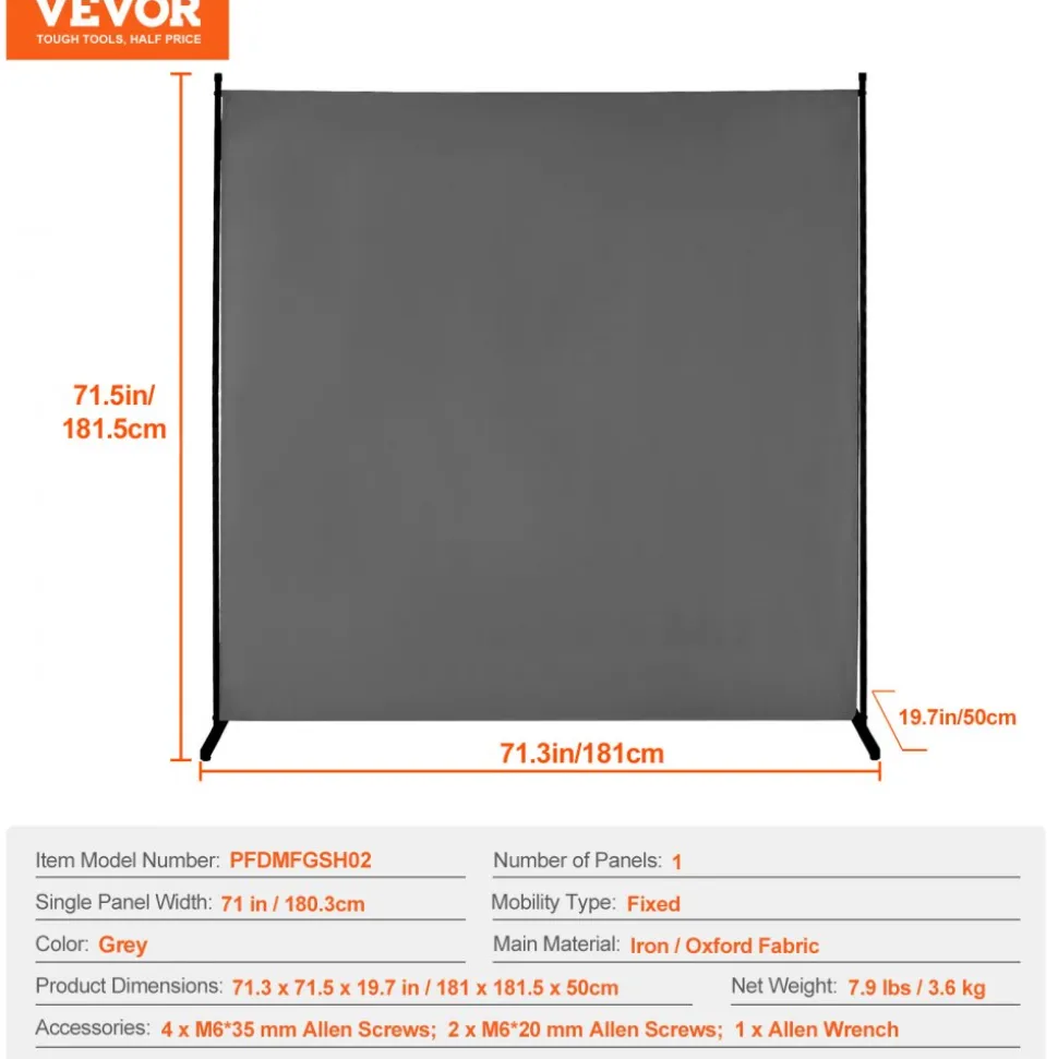 VEVOR Room Divider, Single Panel Room Divider, 6FT Privacy Screen Indoor, Partition Divider for Room Separation, Freestanding Room Divider Panel for Office, Bedroom, Grey
