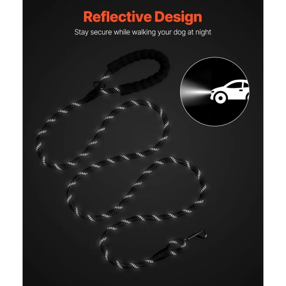 VEVOR Rope Dog Leash, 6ft Heavy Duty Dog Leash with Comfortable Padded Handle, Strong Nylon Thick Leash with Reflective Threads, Dog walking and Training Leash, for Medium Large Dogs (1/2 in, Black)