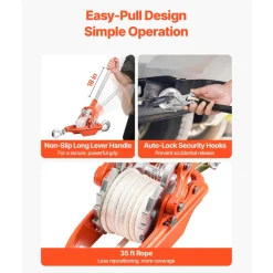 VEVOR Rope Puller, 6614 lbs Pulling Capacity, Heavy Duty Ratchet Power Puller Tool with 35 ft of 0.3 in Diameter Rope & 2 Hooks, Come Along Winch for Tree Felling, Moving Boats, Road Recovery