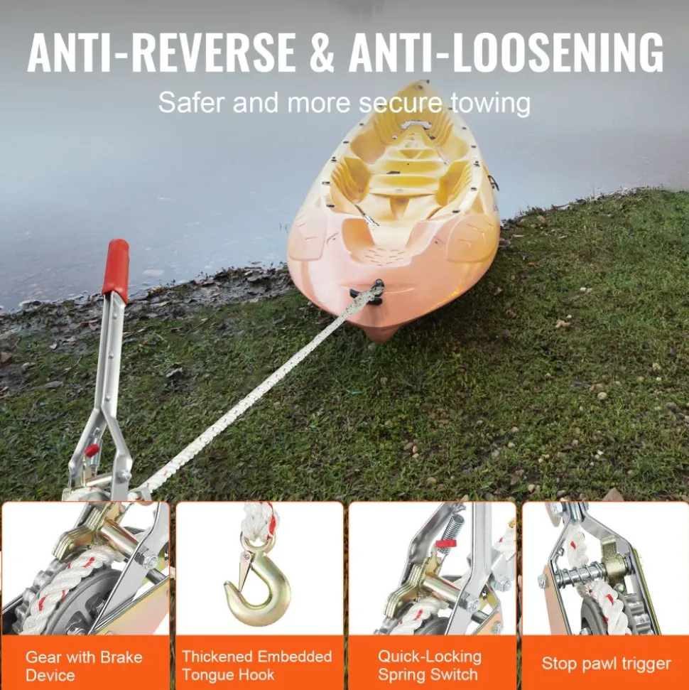 VEVOR Rope Puller, 3/4 Ton (1,653 lbs) Pulling Capacity, with 100' of 0.6" dia. Rope, 2 Hook, Come Along Winch, Heavy Duty Ratchet Power Puller Tool for Moving Boats, Securing Items, Transporting Logs